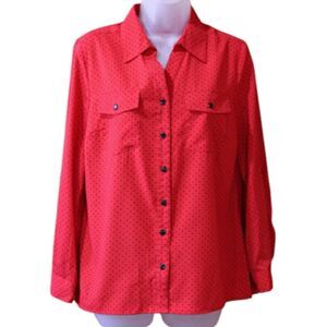 Notations Petite Red Black Polka Dot Mini Roll Tab Sleeve Button Down Blouse